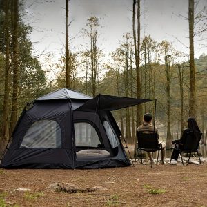 4-Person Pop-Up Camping Tent - Automatic, Easy Setup Hexagonal Tent with Vestibule, Dual Doors, 4 Mesh Windows, Hydrophobic Oxford Cloth, Fiberglass Poles, All-Season with Zipper Closure for Adults